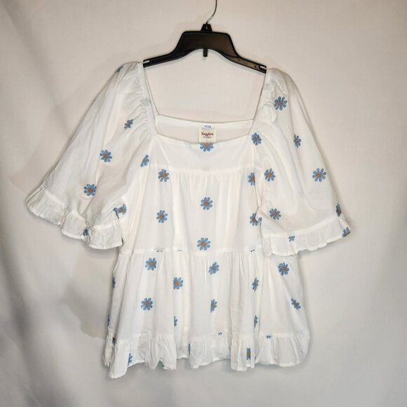 Hayden Los Angeles Chic White Tunic with Blue Floral Embroidered Pattern Tiered - Picture 1 of 7